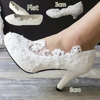 Women Wedding Lace Ivory White Bridal Bridesmaid Flat High Low Heel Shoes Size • £16.38