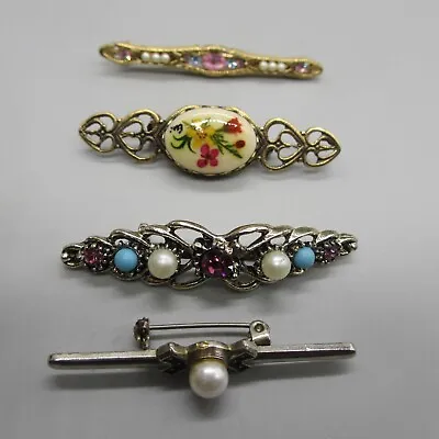 4 Vintage Bar Pins Brooch Lot Rhinestones Simualated Pearls Hsnd Painted 1928 • $24