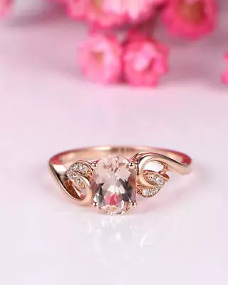 Morganite Simulated Diamond Vine Leaf Engagement Ring 14k Rose Gold 925 Silver • $96.75