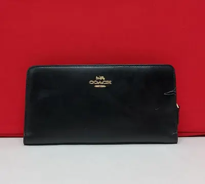Coach Continental Zip Around Wallet Refined Calf Leather Black Gold Large 39738 • £90.99
