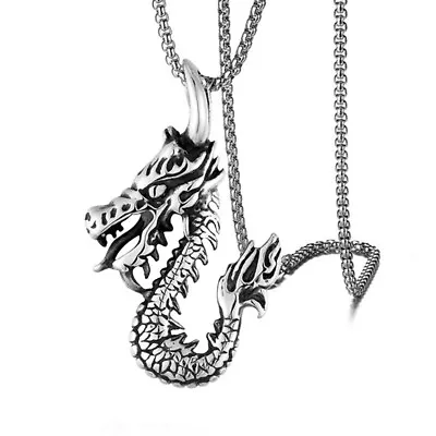 Mens Vintage Magic Dragon Charm Pendant Stainless Steel Chain Necklace • $0.81