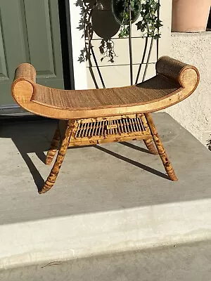 Chinoiserie Egyptain Revival Style Scroll Bamboo/Rattan Bench • $340