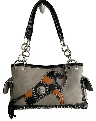 Montana West Gray Leather Purse Handbag Horse Rhinestone Embellished EUC • $29