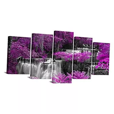  - 5 Piece Canvas Wall Art Purple Trees Forest Black And White Waterfall  • $69.46