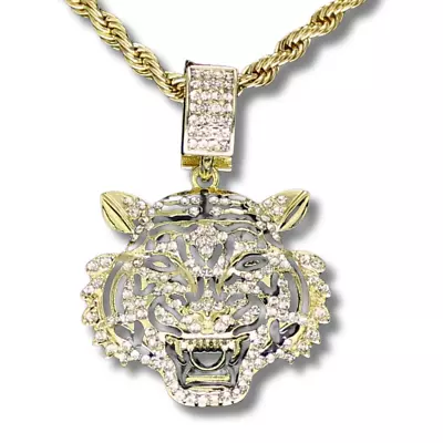 Mens Iced Cz Mighty Tiger Pendant 14k Gold Or Silver Plated 24  Necklace Hip Hop • $9.97