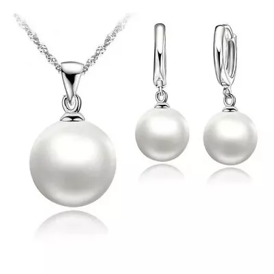 Sparkling Silver Plated White Pearl Necklace And Earrings Set UK • £5.49