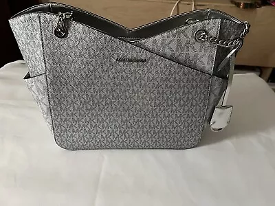 Michael Kors Jet Set Travel Large Chain Shoulder Tote Signature MK Bag Silver • $80