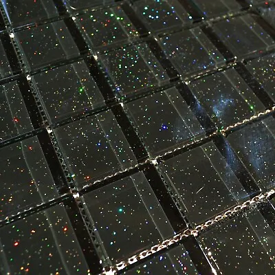 CUT SAMPLE 10cm Galaxy Black Glitter Sparkly Glass Tile Mosaic Or Border Sheet • £1.50