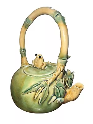 Majolica Teapot Green And Brown With Applied Handle Leaves & Buds • $34.95