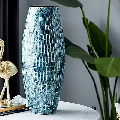 Blue Mosaic Capiz Shell Vase Brick Pattern Overlay Floor Or Table Display 19 H • $73.60