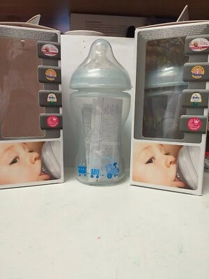 £7.99 • Buy 2 X Nuby 330ml Wide Neck Baby Boys Bottle Train Design. Medium Teat 3m