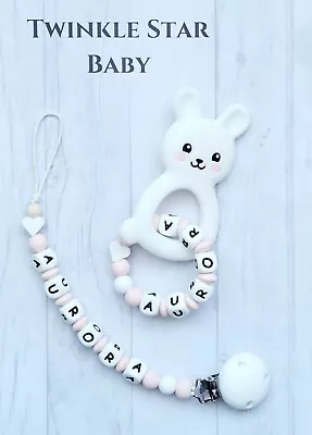 Personalised Babies Matching Bunny Rabbit Dummy Clip & Teether White Pink Baby  • £12.50