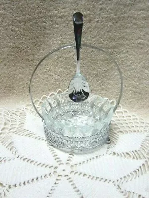 Vtg. Glass Sugar Jelly Condiment Dish W/Chrome-Plate Caddy & Spoon --- Marked- • $5.99