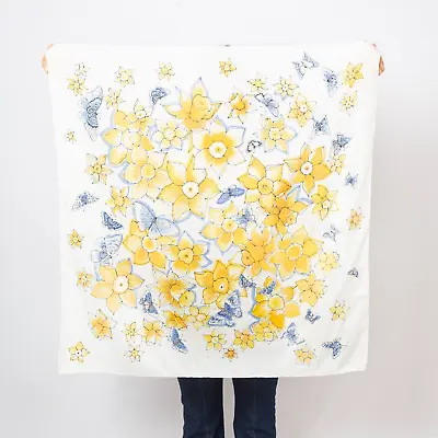 Daffodil Print Hand Painted Square Scarf White Silk Cotton Scarf Butterfly Print • $59