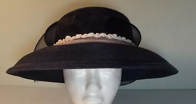 Vtg Navy Blue Woven Straw Wide Brim Hat Tulle Sequin Wedding Kentucky Derby 23  • $25