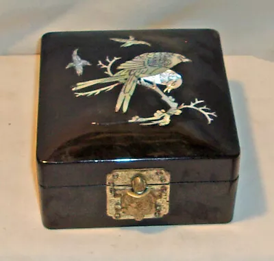 Vintage Black Lacquer Jewelry Box For Rings Mother Of Pearl Birds Turtle Latch • $10