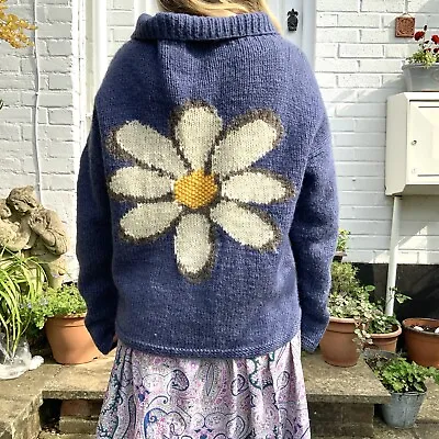 £155 • Buy Vintage Daisy Cardigan Blue L Wool Handknit Handmade Pachamama Look