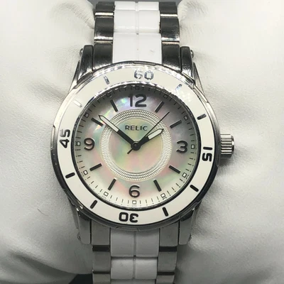 $16.99 • Buy Relic Watch Women Ladies Silver Tone White Mother Of Pearl Dial New Battery 7 