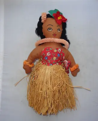 Vintage Hula Girl Dancer Cloth Doll Straw Skirt Yarn Hair Handmade Hawaii 1940s  • $25