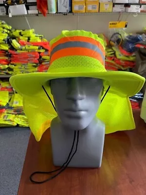 Hi Vis Reflective Work Safety Neck Flap Boonie Hat Yellow  Bucket Cap • $6.99