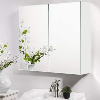 White Bathroom Cabinet Mirrored 2 Doors 3 Shelves Wall Mounted Storage Morden • £49.99