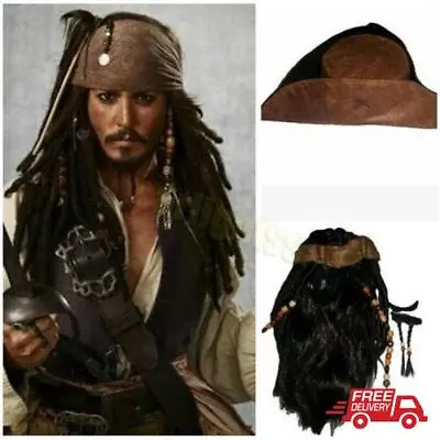 Cosplay Pirates Of The Caribbean Captain Jack Sparrow Brown Wig Hat Beard Prop • £8.78