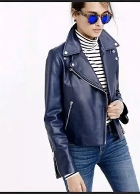 J.Crew Collection Leather Moto Motorcycle Jacket Dark Blue Sz 4  • $99