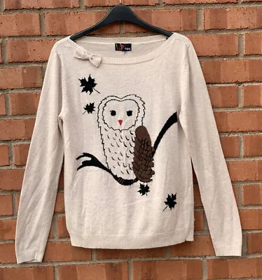 £8 • Buy Yumi Size 10 Beige Owl Wide Neck Pullover Lightweight Long Sleeve Jumper