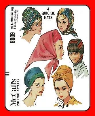 SCARF Kerchief HOOD Hat TURBAN McCall's 8009 VTG 1965 Craft Sewing Pattern • $7.50