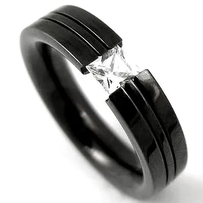 Black Plated TITANIUM TENSION RING With 4mm CZ And Grooved Accent - Size # 11 • $17.28