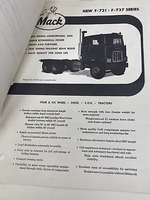 3 Pg Mack Trucks F Model 731 -7 Wheel  Advertising Booklet Vintage Specs Cummins • $48.56