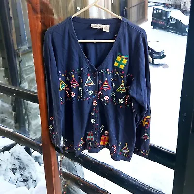 Michael Simon Blue Beaded Christmas Cardigan Sweater SIZE Large Tree Sequins • $35.99