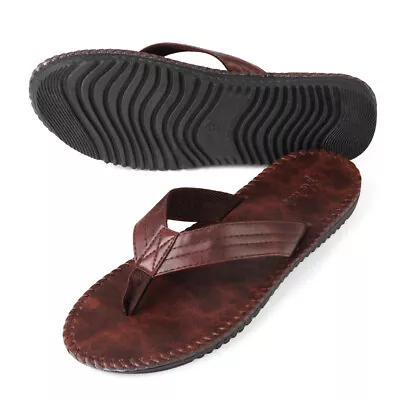 Brown Men's Leather Cozy Thong Flip Flops Summer Beach Casual Sandals Size 9-10 • $16.99