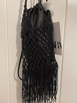 Brand New ZARA Black Beaded Fringe Shoulder Bag • £19.90