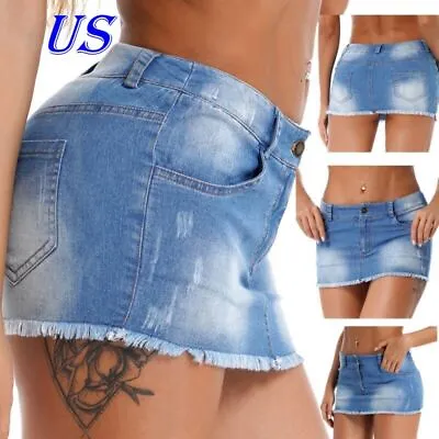 US Sexy Womens Denim Mini Skirt High Waist Frayed Hem Bodycon A-line Jean Skirts • $14.09