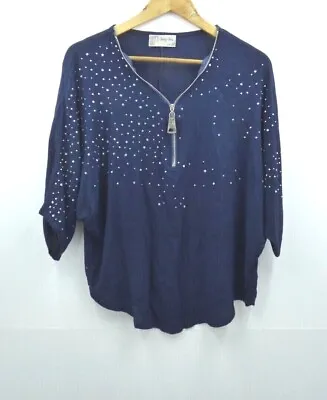 Vouley Vous Womens Blue Zip Up Beaded Blouse Top Size S Short Sleeved • £5.25