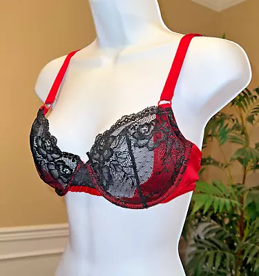 Jezebel  #10066 Sheer Black Lace Overlay On Bright Red Demi-Cup U/W Bra Sz 36C • $16.95