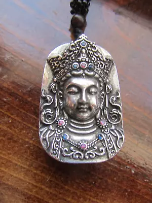 Quan Yin W/ Tiny Inlaid Stones Stainless Steel Buddhist Deity Pendant Jewelry • $50