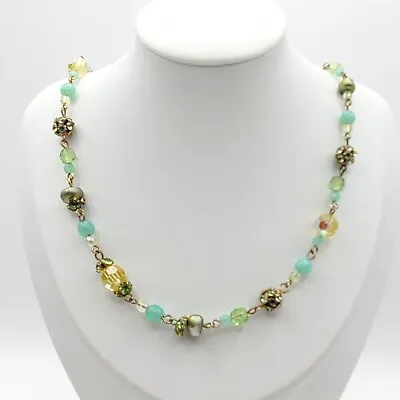 Vtg Boho Pale Pastel Green Beads Rhinestone Necklace Faceted Glass AB 18  L • $16