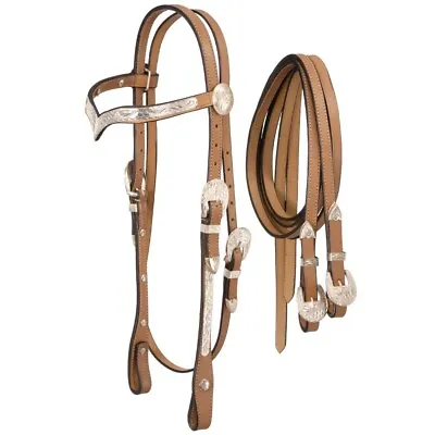 $71.01 • Buy Light Oil Leather Silver V Browband Headstall With Matching Buckle End Reins