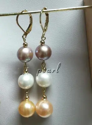 Natural AAA+  10-9mm White Pink Purple South Sea Round Pearl Earrings 14K Gold • $24.99