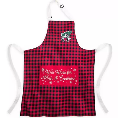 New Disney Mickey Will Work For Milk & Cookies Red Black Plaid Kitchen Apron • $19.57