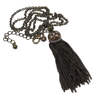 J CREW Long Tassel Pendant Necklace Brass Tone Crystal Embellished Signed 33  • $7.99