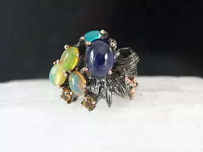 Vintage Sterling Silver 925 Brutalist Modernist Opal Sapphire Ring Size 8 • $68