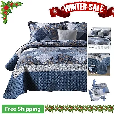 3-Piece Queen Quilt Set - Grey Floral Patchwork - Lightweight & Reversible • $89.99