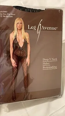 Leg Avenue Deep V Neck Halter Body Stocking Black One Size Fits Most 90-160LBS • £5