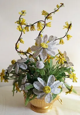 Vintage French Beaded Flower Bouquet Daisies Broom Yellow White Spring Large • $80