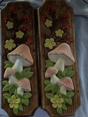 Set Of 2 Vintage 1960’s Chalkware Mushroom & Flowers Wall Hangings Placques • $25