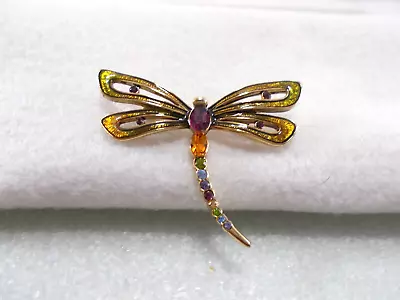 Monet Gold Tone Multicolor Rhinestone And Enameled Dragonfly Brooch • $10