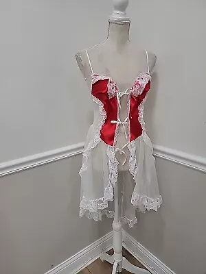 Vtg  JULIARA Sheer White Chiffon/Red Satin Nightgown Robe Dress Lingerie Small  • $8.99